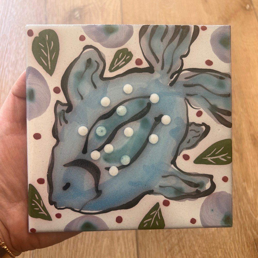 Vintage Italian Hand Painted Ceramic Art Tile Blue Fish Trivet Made in Italy